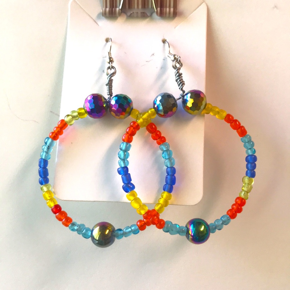 Handmade Pretty Multi-Colored Hoop  Beaded Fashion Earrings.